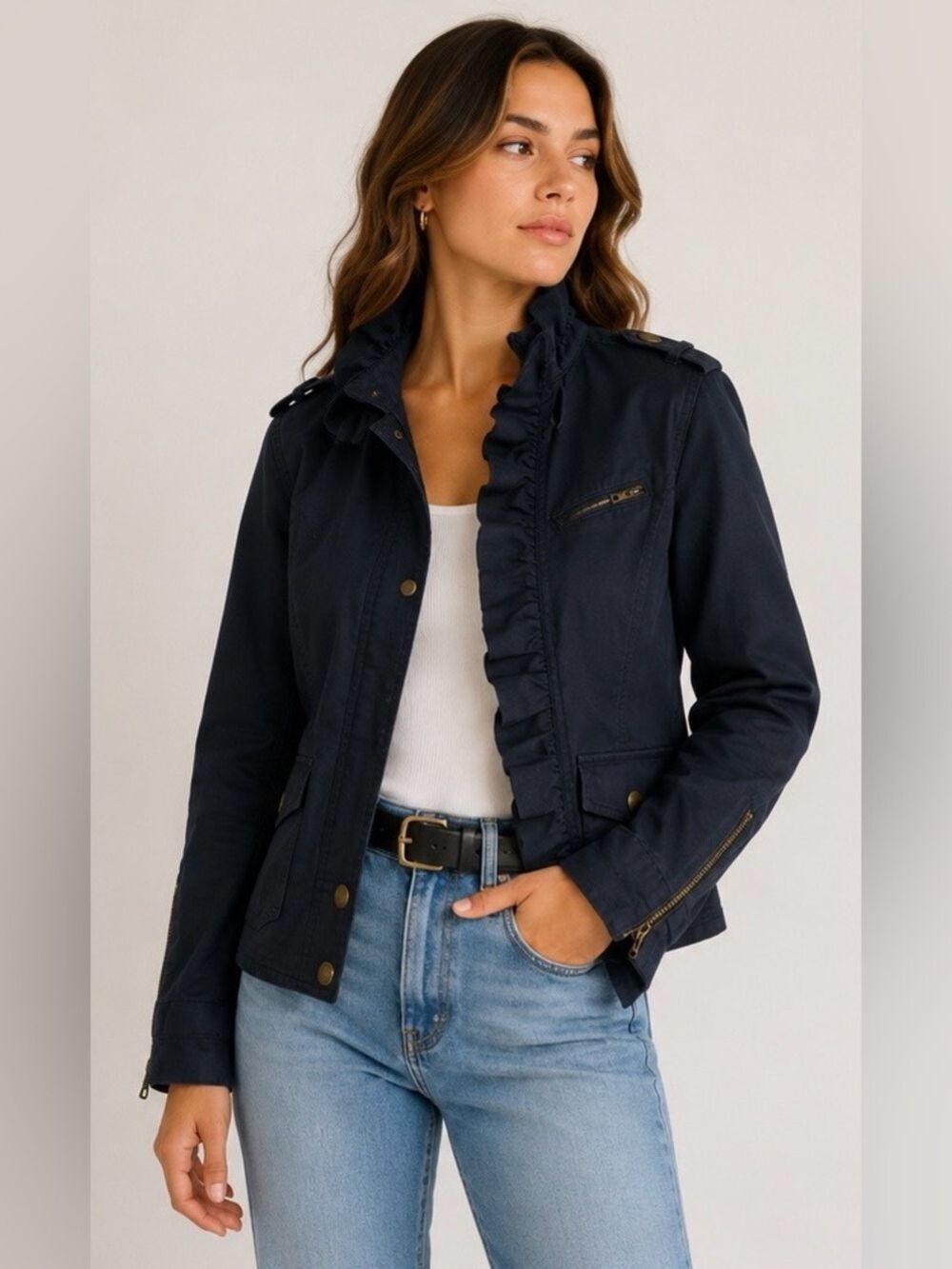 Vintage Y2K Juicy Couture Military Style Moto Biker Jacket with Ruffles. Size S
